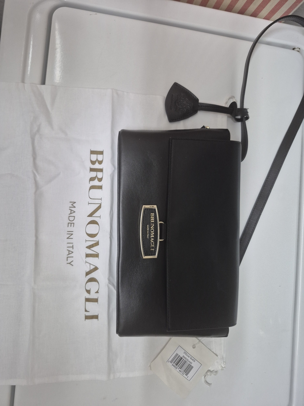 Bruno Magli Black Leather Cross Body Or Shoulder Bag with Gold Plaque